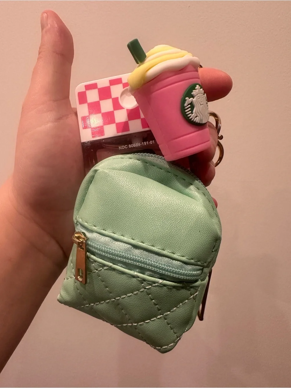 Starbucks Kids Mint Green Mini Backpack Keychain with Pink Drink Charm